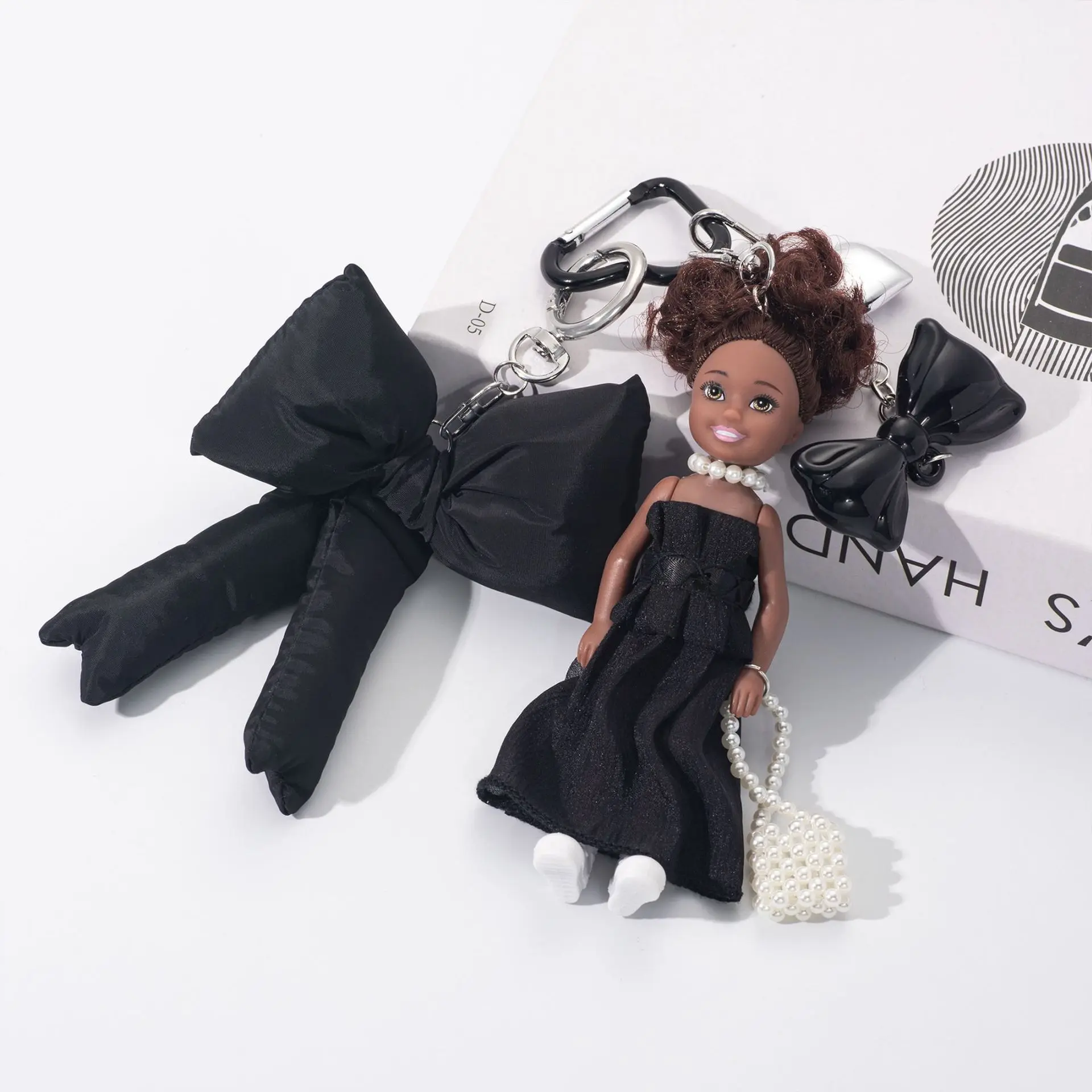 

New African Black Curly Hair Spice Girl Black Dress With Bow Princess Dolll Keychain Pendant Cartoon Girl Bag Decor Cute Gift