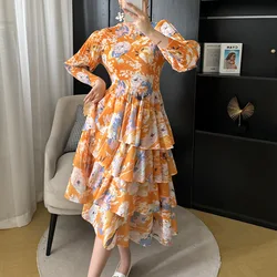 2024 Spring Pleated Midi Dress New Foreign Style Print Vintage Bubble Skirt Floral Cinched Waist Slim Dresses Women's Clothing