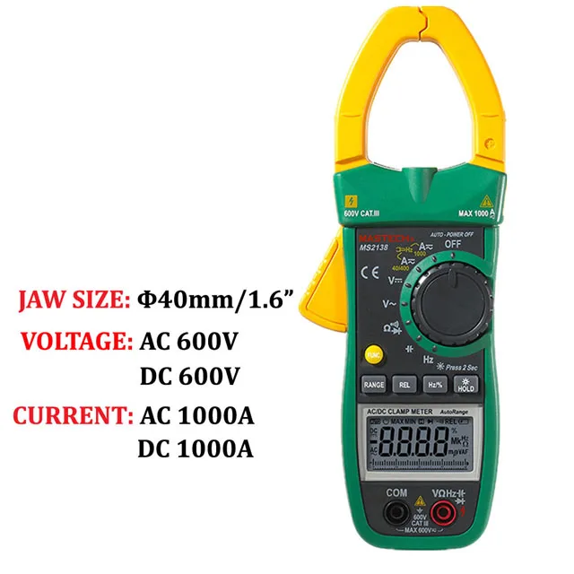 MASTECH MS2138 Digital AC DC Clamp Meter 4000 Counts Electrical Current Voltage