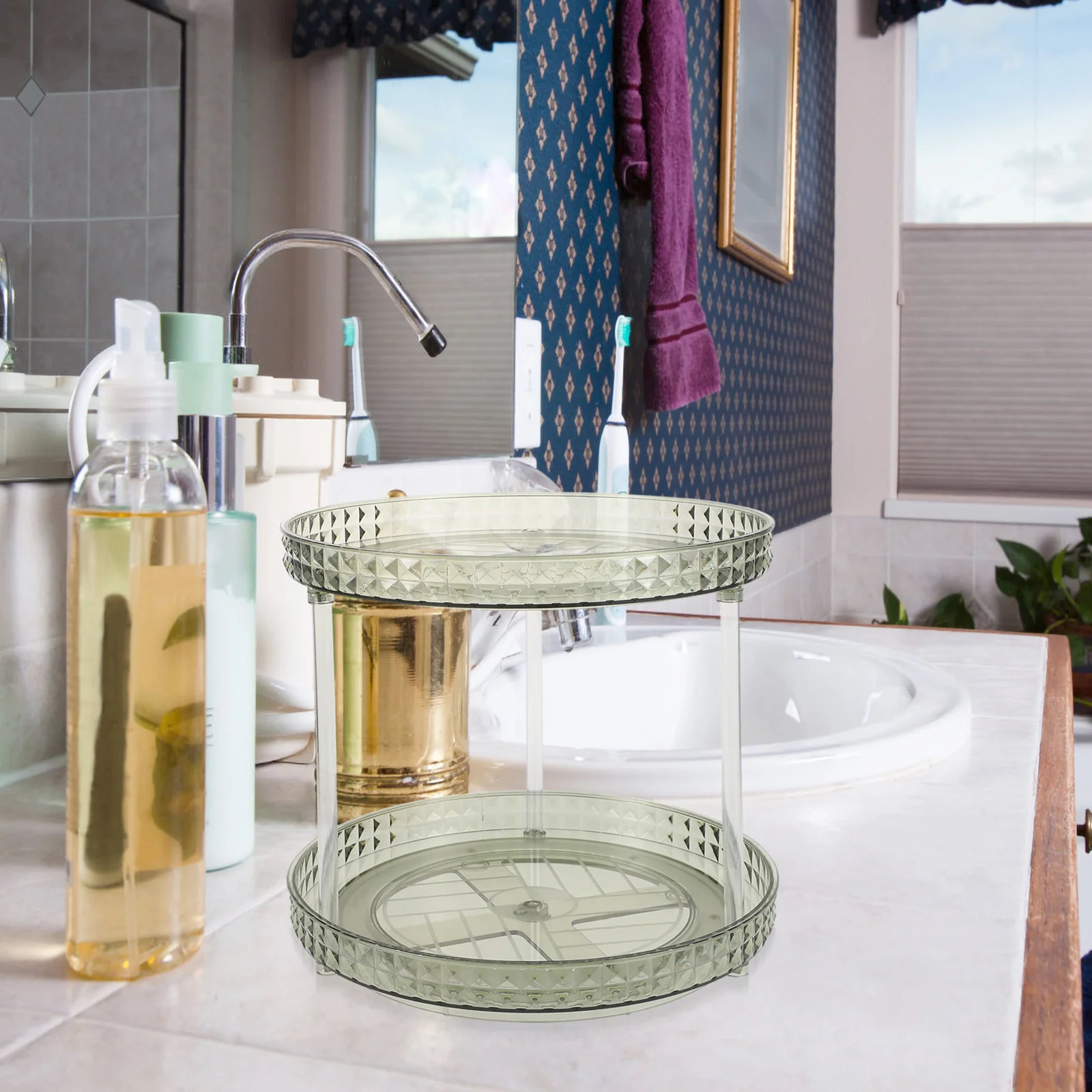 

Rotating Makeup Organizer Cosmetics Jewelry Vanity Tray Storage Desktop Condiment Holder Non-Slip 360 Degree Turntable Skincare