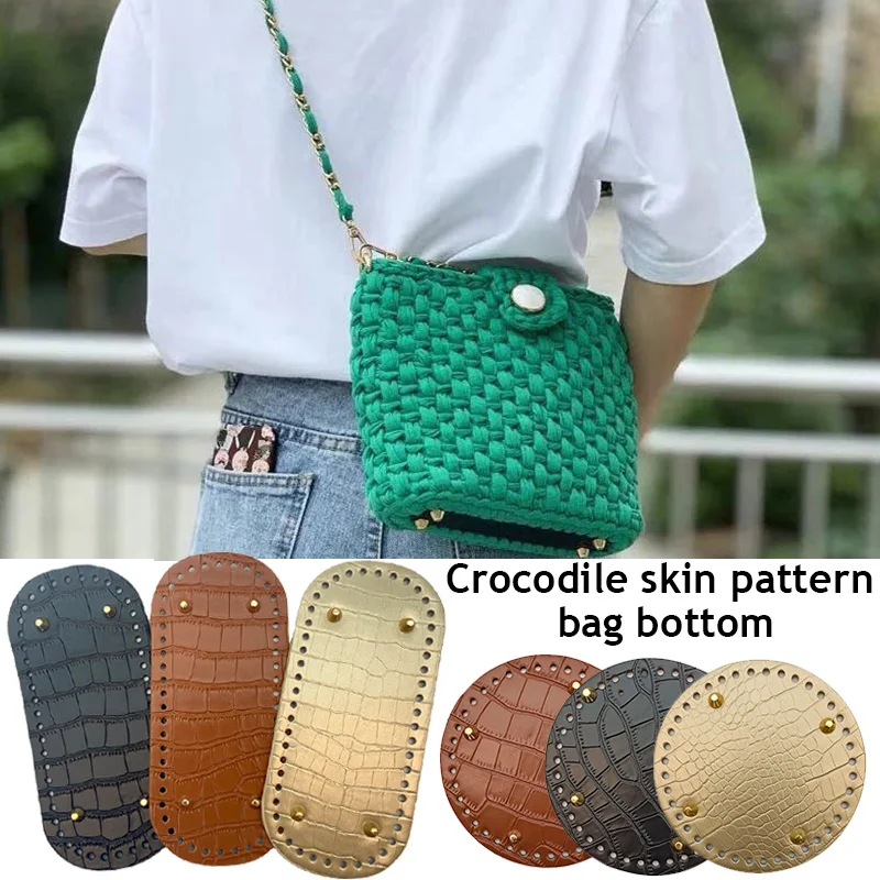 Fast Shipping Crocodile Pattern Leather Bottom For Knitted Bag Multi Size Round Rectangel Bottom With Holes Rivets Bag Bottom