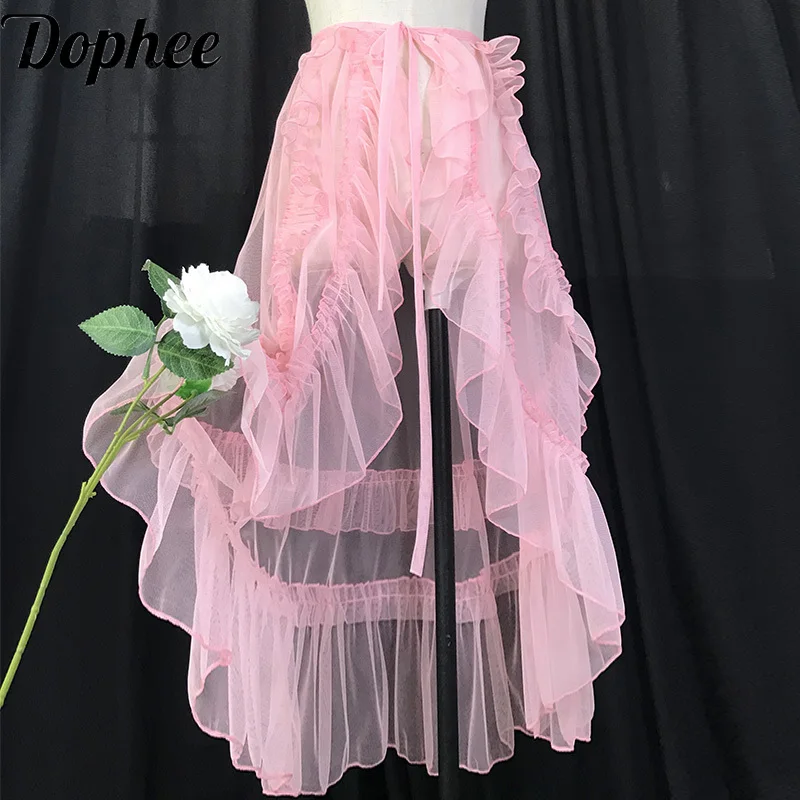 

Dophee Luxury Bride Wedding Gauze Overskirts Perspective Asymmetric Ruffles High Waist Lolita Clothes Mid-long Mesh Fairy Skirts