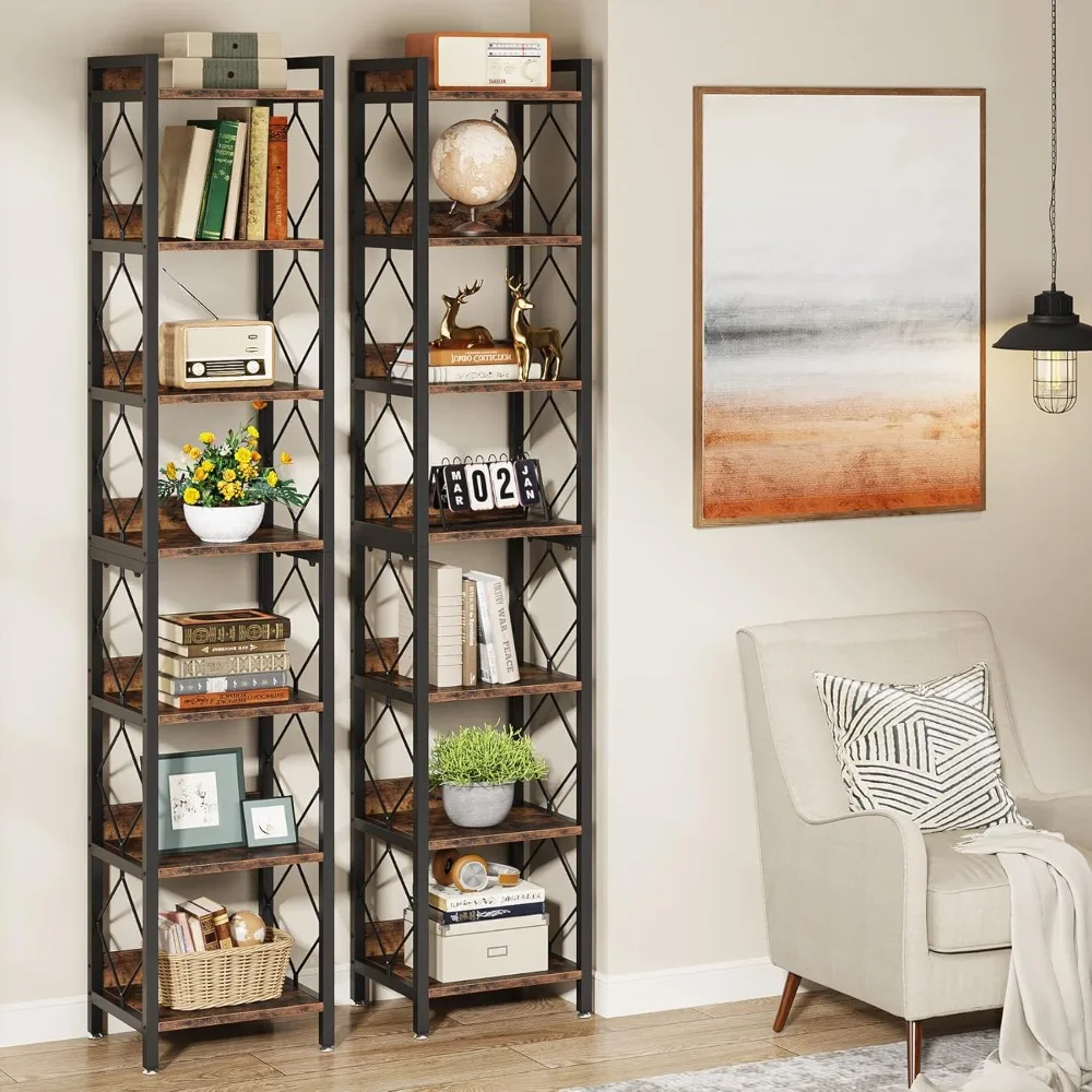 78.7 inch ultra-high narrow bookcase, 7-layer thin bookcase, separate display stand, multi-functional storage, brown