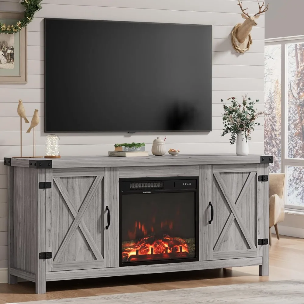 Fireplace TV Stand for Up to 65 Inches TVs, Farmhouse with Grooved Barn Doors, Rustic Media Console Table with Storage Cabinets