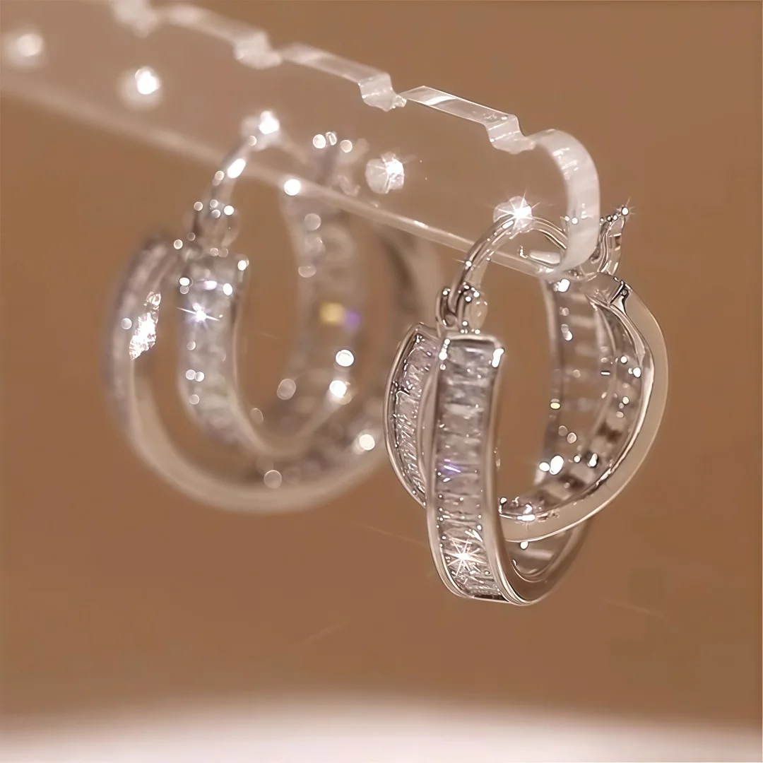 925 Sterling Silver Light‑Luxury Fashion Diamond‑Inlaid Double‑Loop Ear Cuffs for Women, Elegant and Versatile for Banquets - view 5