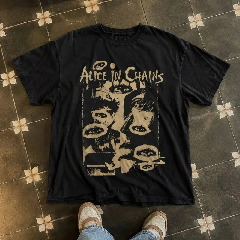 Black Printed Alice in Chains T-shirt - Garbage Rock Band Men's Summer New Style Unisex Harajuku Style T-shirt
