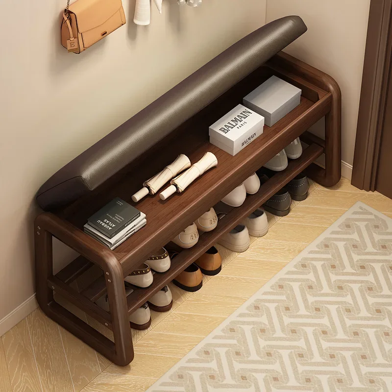 Solid wood shoe changing stool, home entry at the door, you can sit on the shoe stool and shoe cabinet when you enter the door view 2