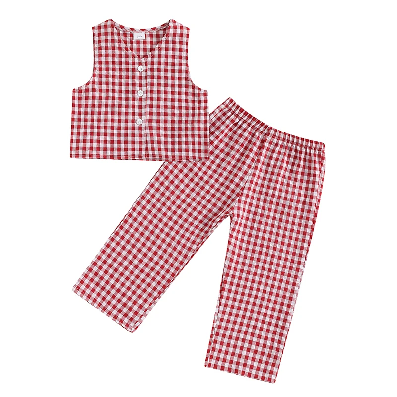 

Toddler Girls 2 Piece Outfits Plaid Print Button Tank Tops and Wide Leg Pants Set Baby Summer Clothes