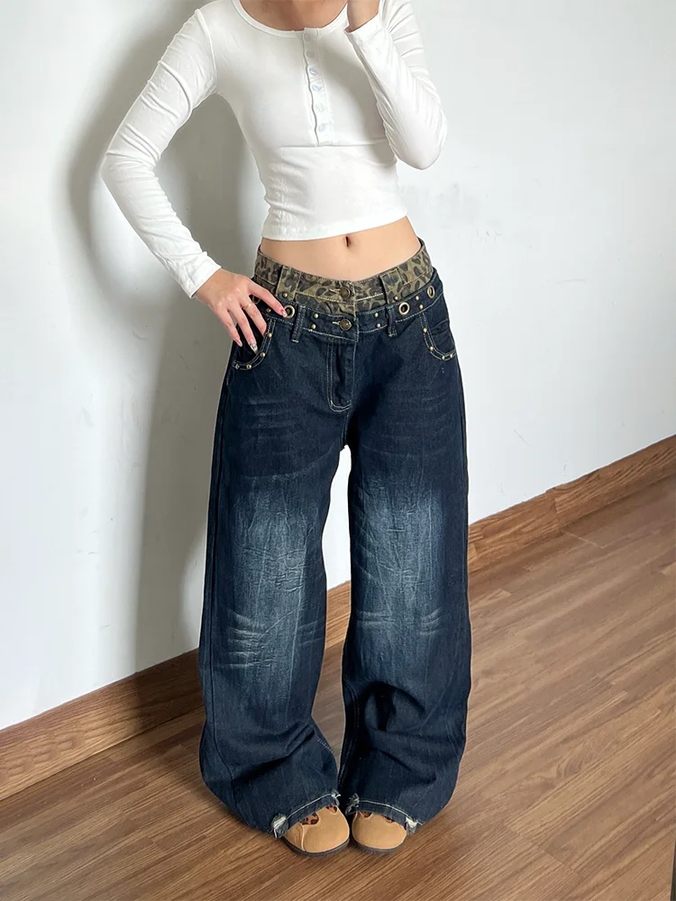 plus Size American Retro Leopard Print Rivet Double Waist Denim Jeans Women Autumn New High Street Casual Wide Leg Long Pants