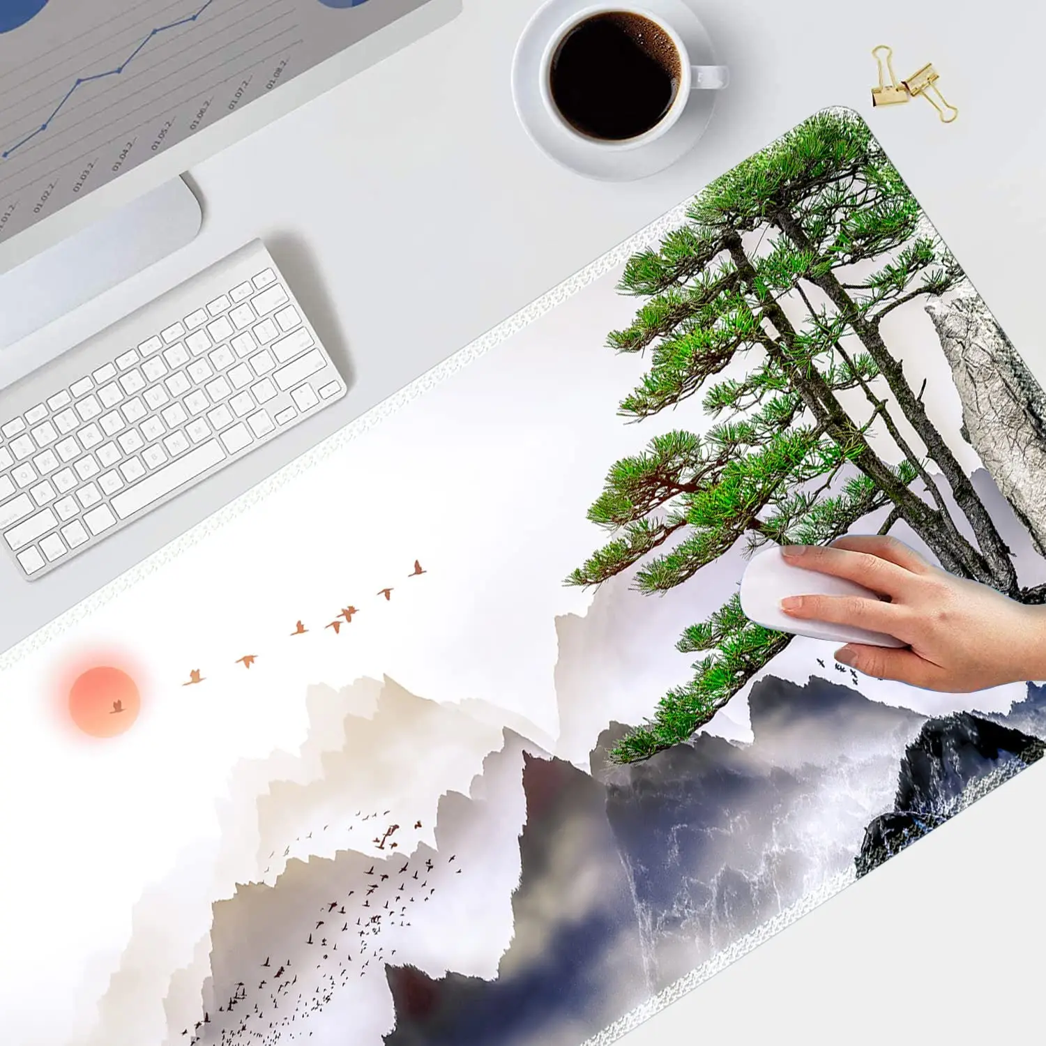 Large Gaming Mouse Pad with Stitched Edges Non-Slip Base Water Resist Keyboard Pad Desk Mat 35.4x15.7inch Watercolor Mountains