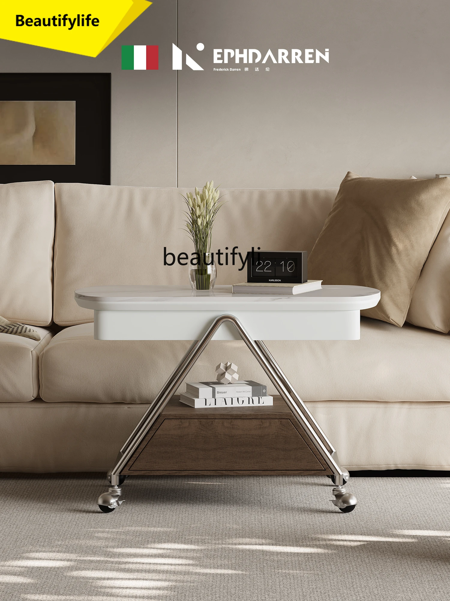 

A57 Medieval lifting rock slab trolley side table removable living room walnut leather coffee table sofa storage side cabinet