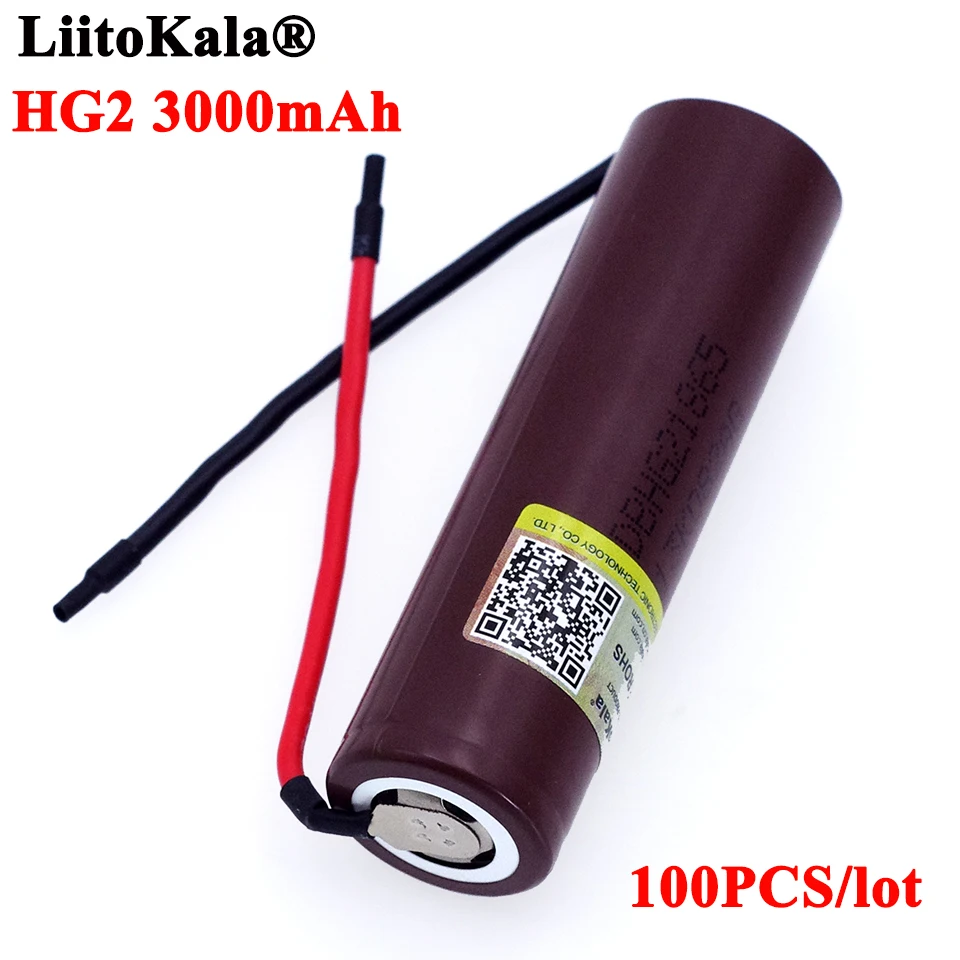 100PCS Liitokala HG2 18650 3000mAh Rechargeable battery 18650HG2 3.6V discharge 20A, dedicated batteries+DIY Nicke Cable