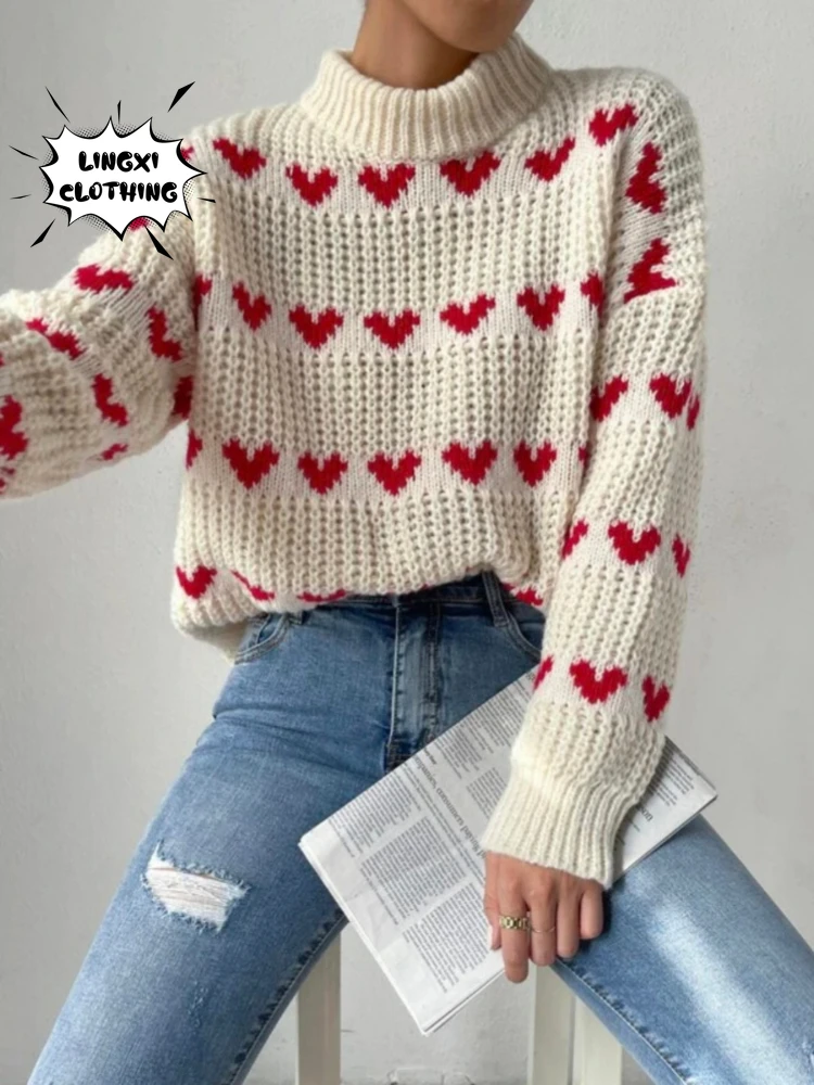 2023 Autumn New Women\'s Knitted Top Pullover Round Neck Heart Jacquard Knitted Warm and Elegant Street Style Knitted Sweater