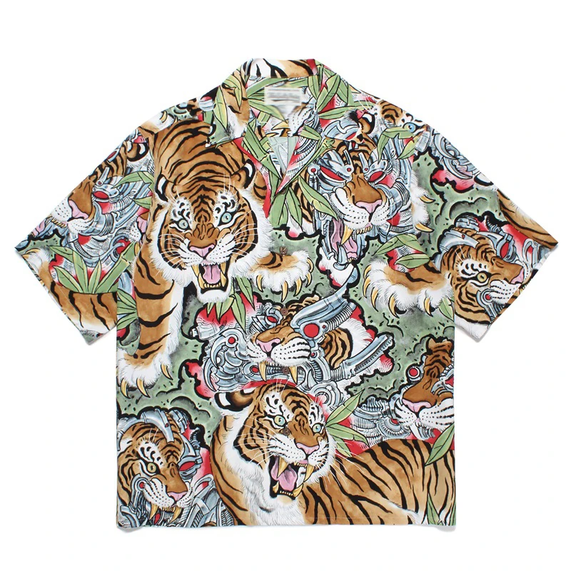 Pdmcms 23ss ティム レヒ フレイム タイガー フルプリント キューバンカラー レーヨン ハワイアン 半袖シャツ メンズ