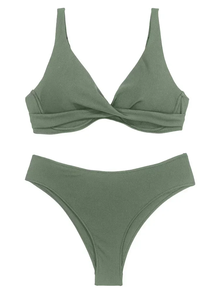 

UETEEY Women Split Swimsuit High Waist Beach Bikini Sexy Solid V Neck Bikini 2 Piece Set 2025 New Summer Swimwear Bikinis Set