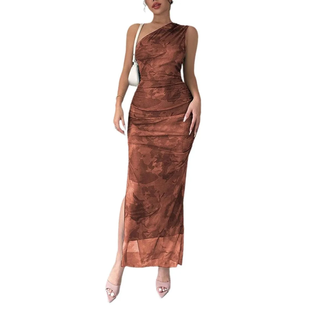 Mulheres elegantes marrom inclinado gola de ombro sem mangas floral impressão lateral fenda vestido apertado verão moda magro ajuste vestidos de festa