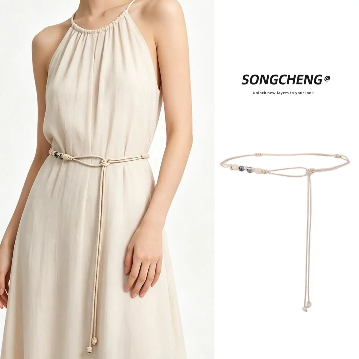 Japanese Minimalist Cotton Linen Beaded Waist Cord Women's Versatile Design Slimming Belt for Skirts Polyester Fiber