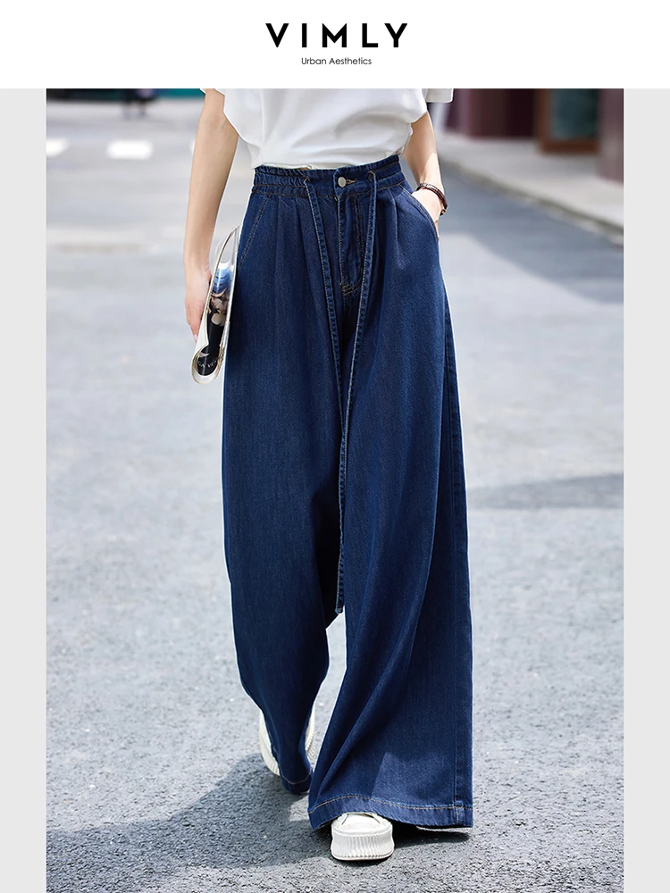 

VIMLY Baggy Jeans Women's Lyocell Denim Wide-leg Pants 2025 Summer Casual Elastic Waist Mopping Trousers Woman Clothes 16733