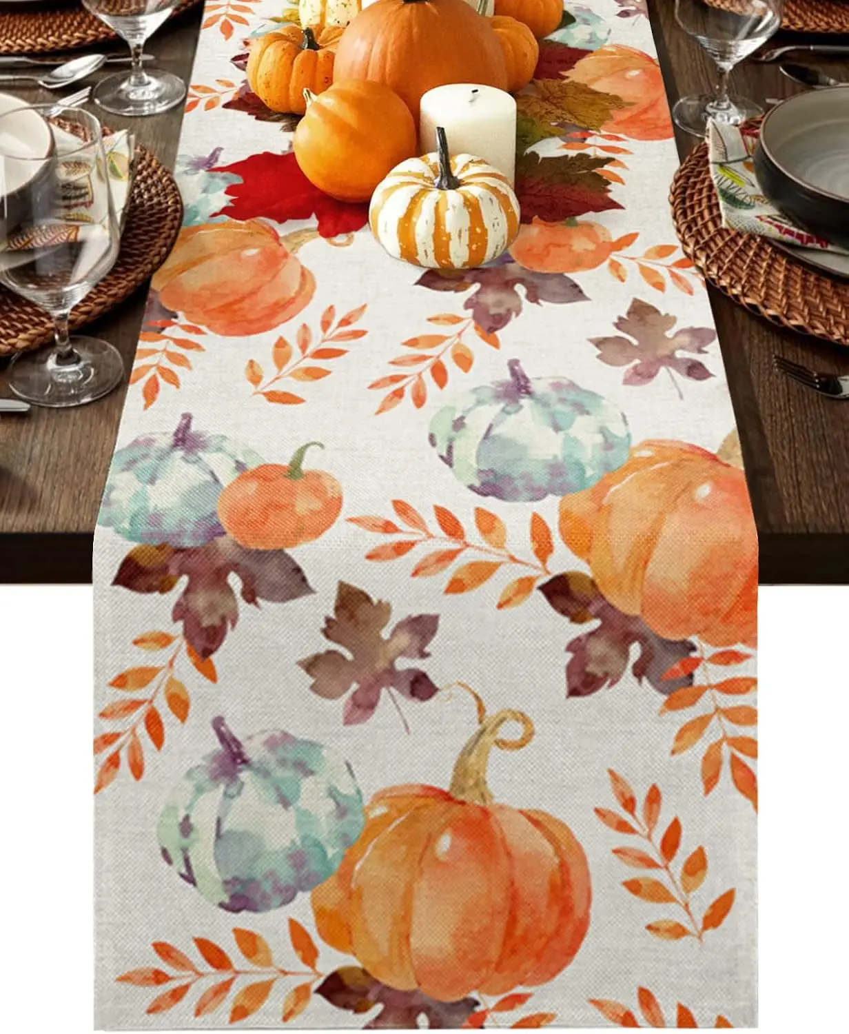 Fall Linen Table Runner Dresser Scarves Vintage Fall Watercolor Pumpkin Maple Leaves Blue Orange Table Runner for Dinning Table