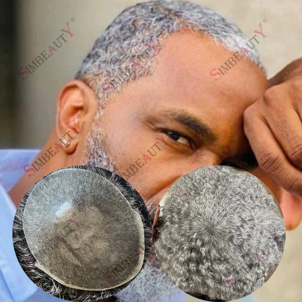 

Undetectable 8mm 10mm Afro Curly Hairstyle Wave Mens Toupee Gray Black 1B40 1B80 Durable Micro Skin Base Natural Hairline System