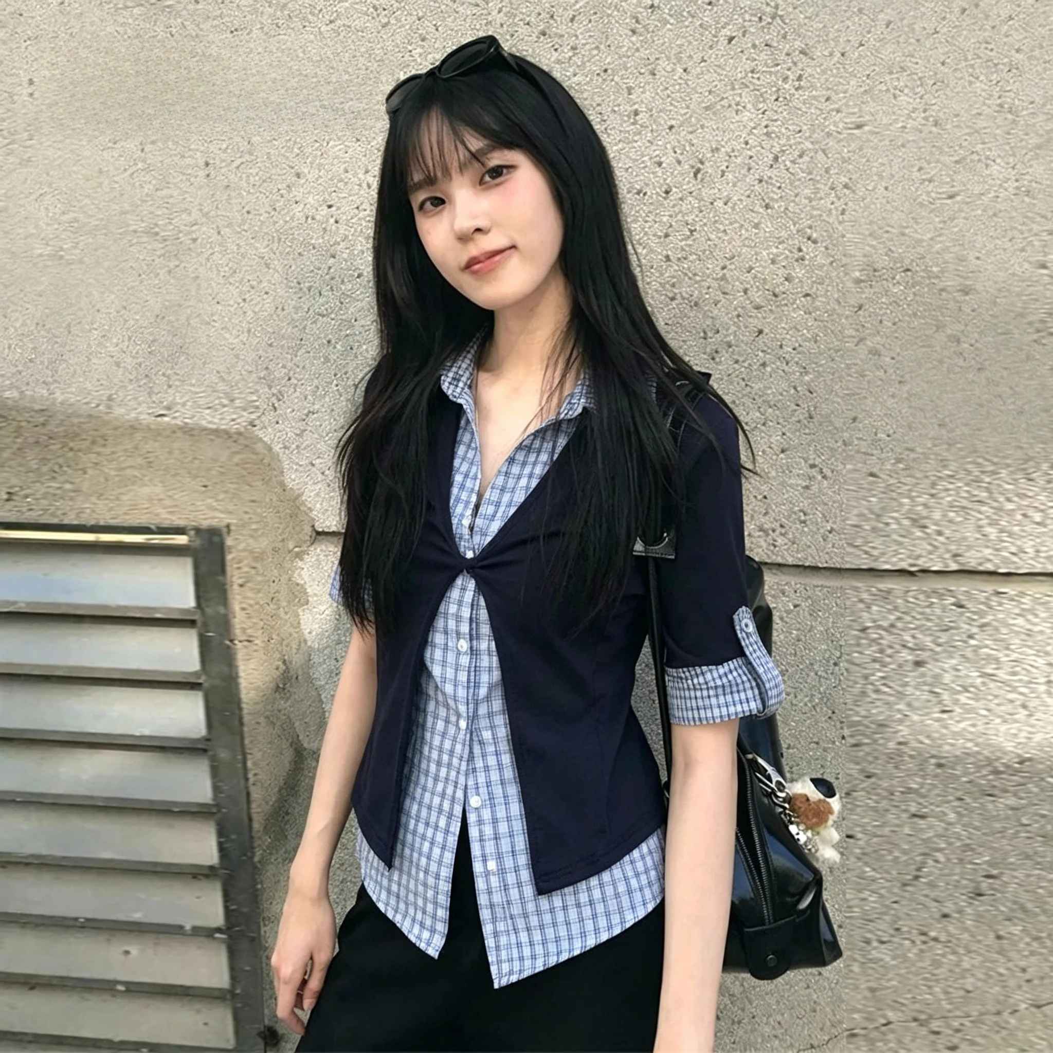 Camisas Vintage a Cuadros para Mujer, Estilo Falso de Dos Piezas, Parches Japoneses Y2K, Tops de Manga Corta, Estilo Retro Americano de los 2000s, Ropa Urbana Diaria