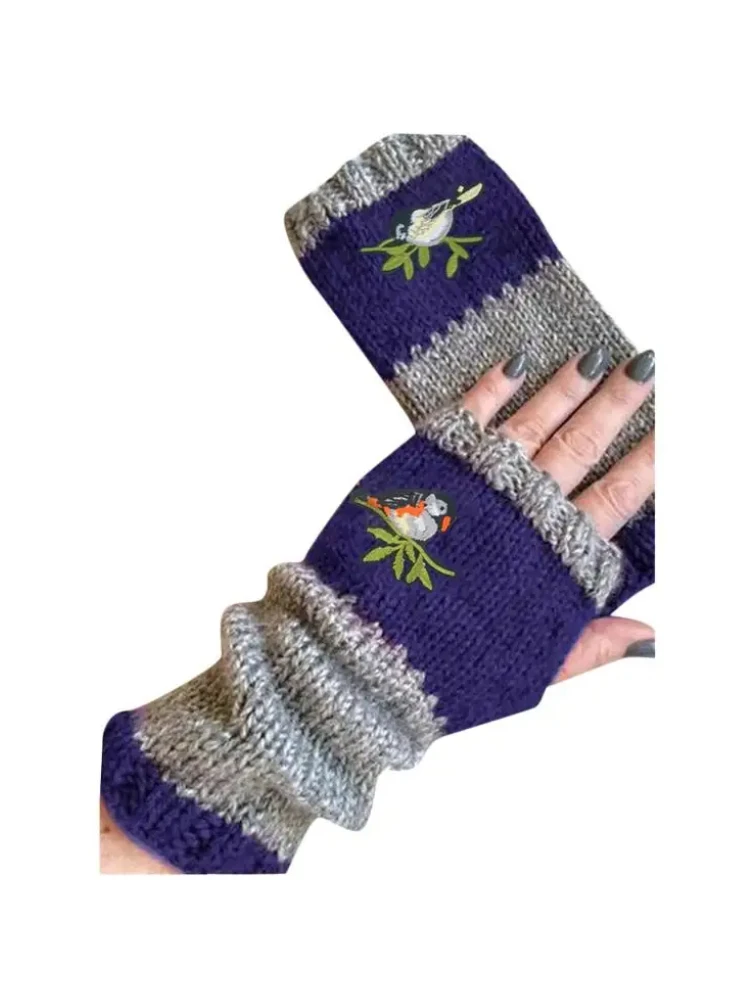 Guantes sin dedos bordados para mujer, manoplas de empalme de bloques de punto, regalo de Navidad