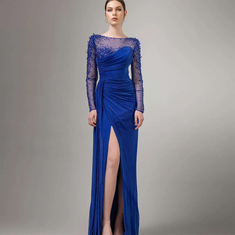 Royal Blue Evening Dress Sheer Scoop Neck Long Sleeves Beading Rhinestone Pleat High Slit Velour Party Gown Formal Prom Dresses