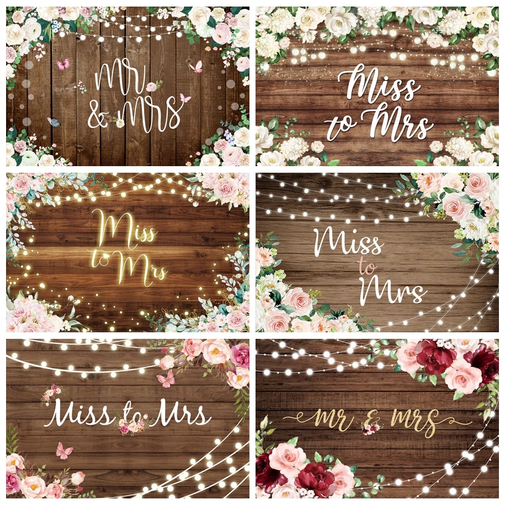 Miss to Mis Wedding Party Backfrop Photography Light Wooden Board Flower Floral Butterfly Bridal Shower Backgound Photo Props