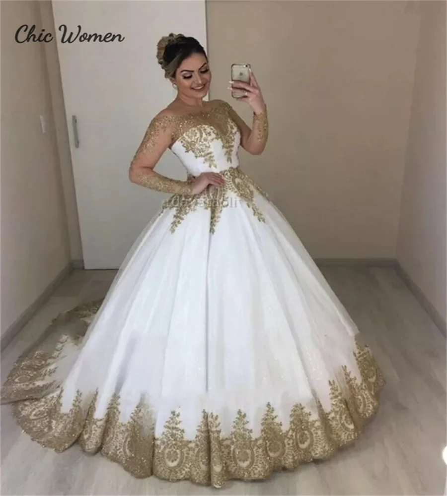 

Luxury Gold And White Wedding Dress Appliques Lace Arabic Dubai Church Vestidos De Novia Boda Civil Plus Size Bride Customized