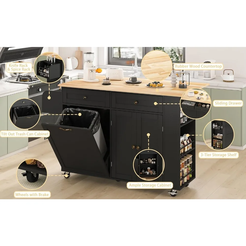Тележка для кухонного острова с откидным листом, хранилищем, наклонным мусорным баком и держателем для ножей — универсальный стол на колесиках для эффективного приготовления пищи