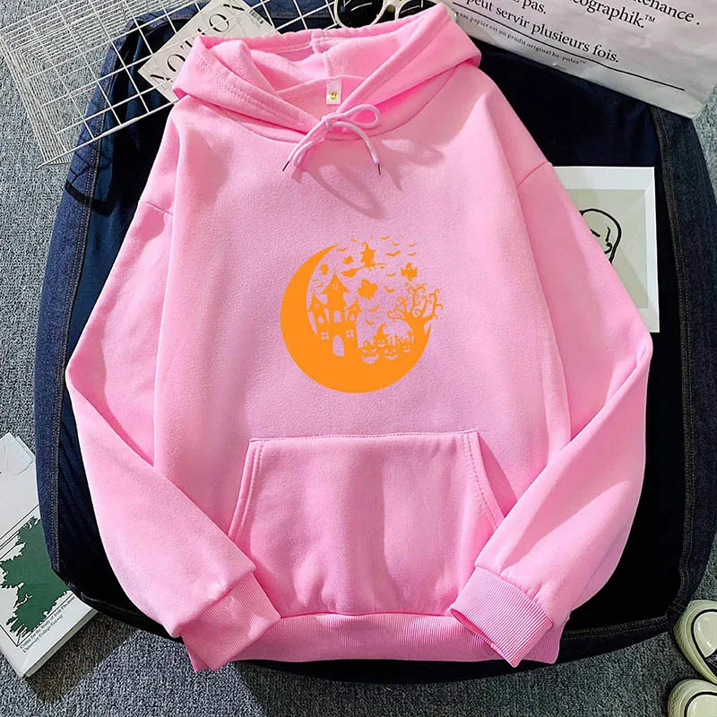 2024 Herfst Hoodie Dames Casual Capuchon Sweatshirt Creatieve Hoodie Bijpassende Streetwear Halloween Kasteel Patroon Monogram Hoodie