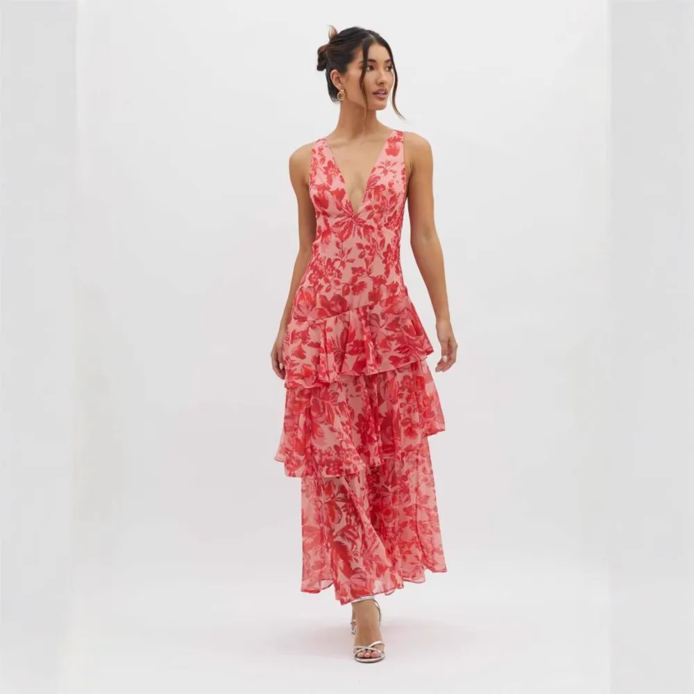 

Chiffon Suspender Dress Fashion Printed Women's Summer Sexy V-neck Backless Lace-up Slim Ruffle Long Dress Ropa Mujer Vestidos