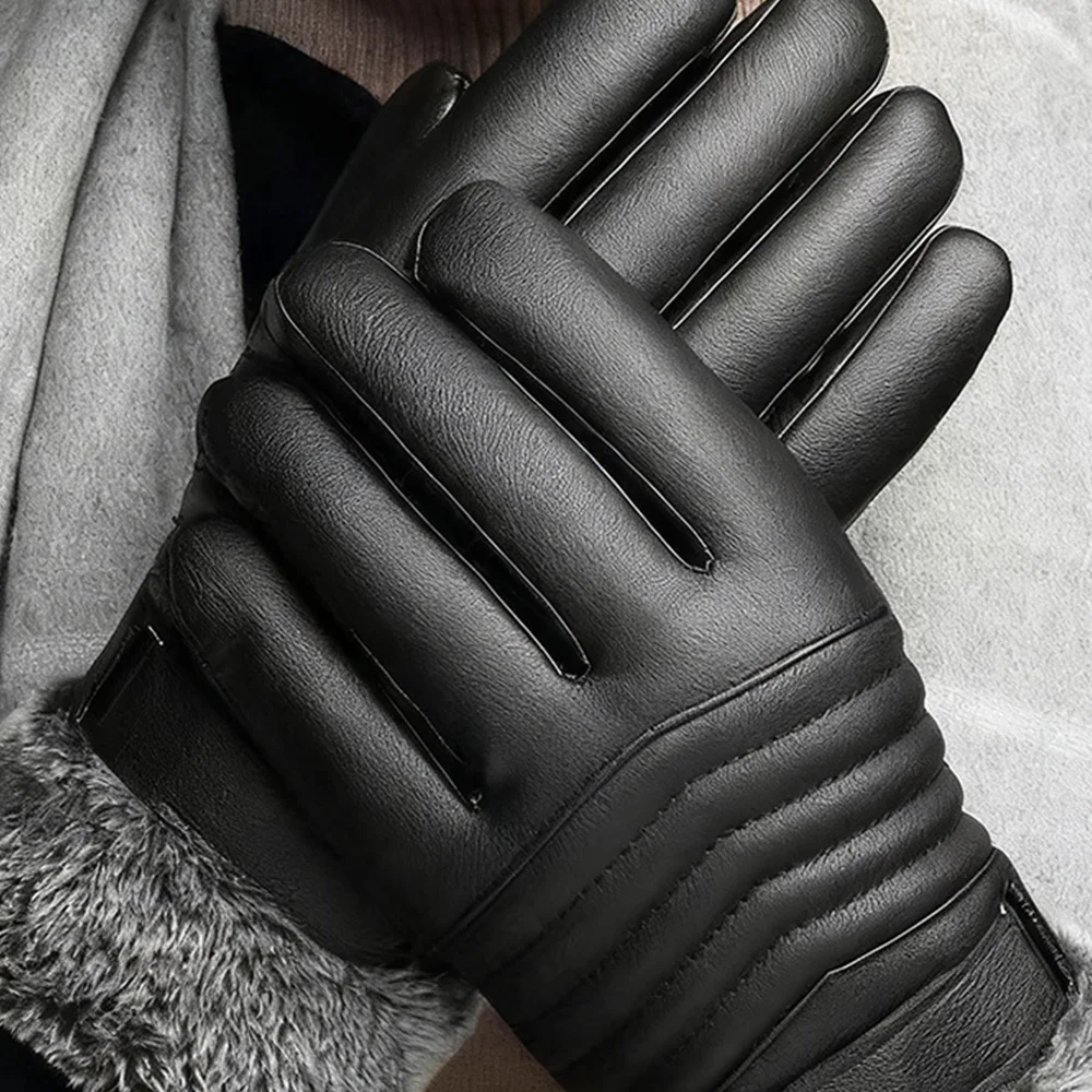 

Men's Winter Leather Gloves Pu Touchscreen Water-resistant Windproof Warm Adult Size Thick Padding Driving Full Finger Coverage