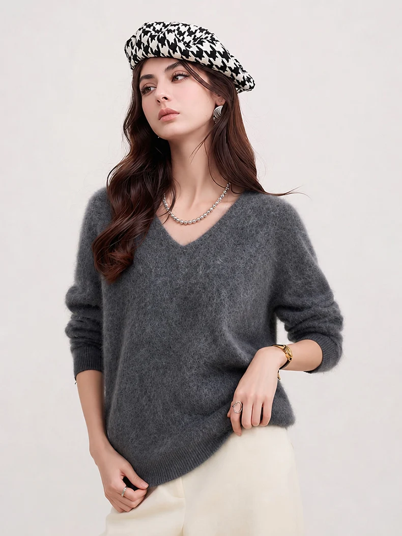 SuyaDream, vielseitiger Damen-Strickpullover für Herbst und Winter, Strickpullover aus gebürsteter Wolle, V-Ausschnitt, langärmlig, lässiger Pullover – Detail 13
