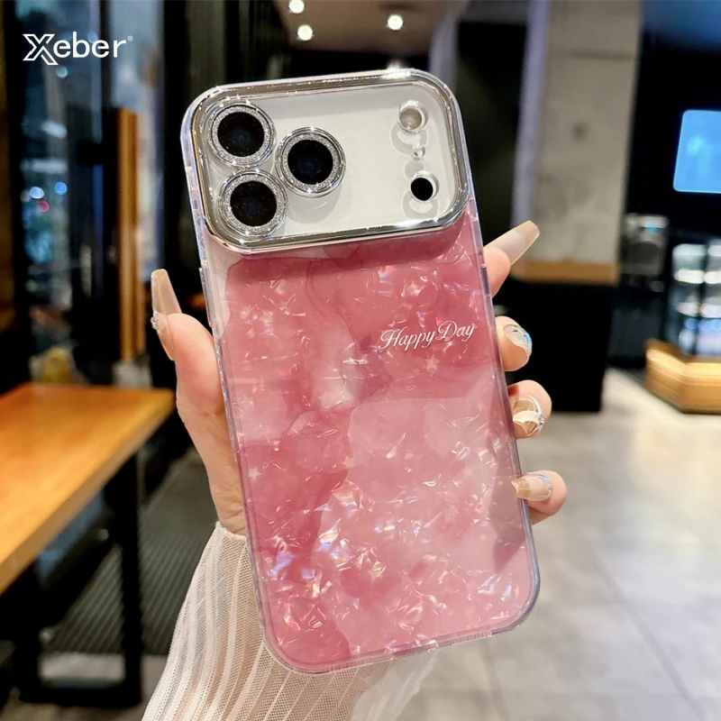 Luxus Laser Shell Muster Fall Für iPhone 17 16 15 14 13 12 11 Pro Max Plus Kamera Film Schutz Abdeckung feine Flash Objektiv Film
