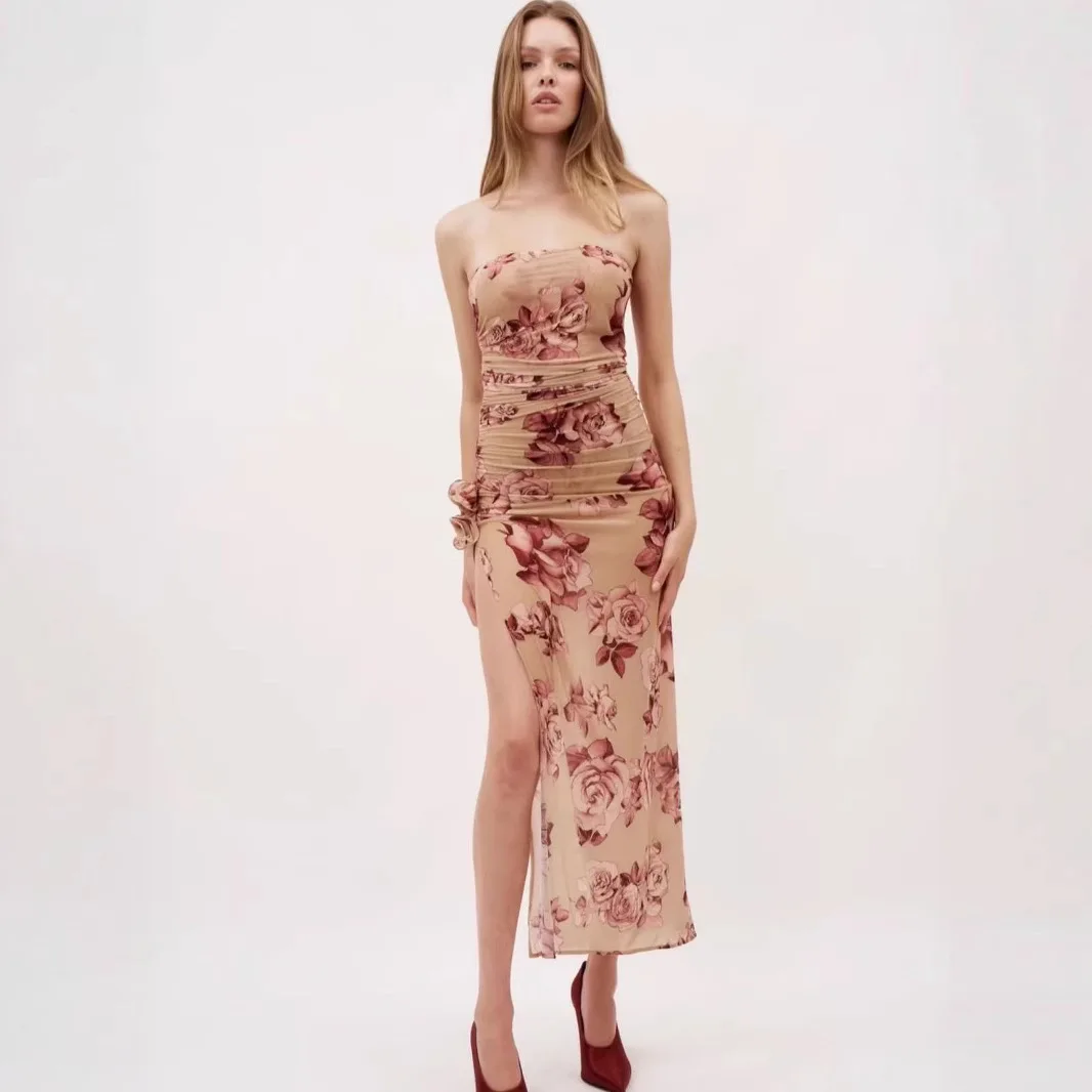 Retro Floral Strapless Sexy Mesh Bodycon Pleated Maxi Dress for Women 2025 Summer New Flower High Slit Party Dresses Prom Gowns