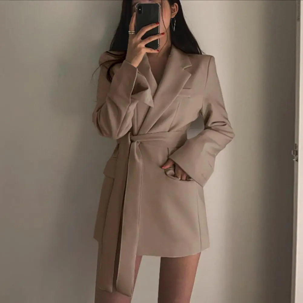 Elegant Waist Strap Suit Jacket Elegant Lace-up Lapel Suit Coat with Flap Pockets for Business Outwear Mid-length for Spring