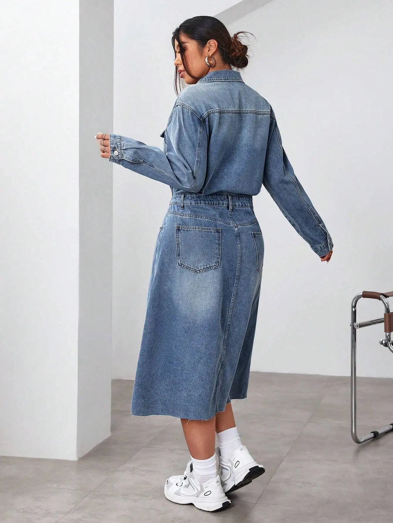 

Plus Size Women Long Sleeve Split Hem Casual Denim Dress Spring Summer