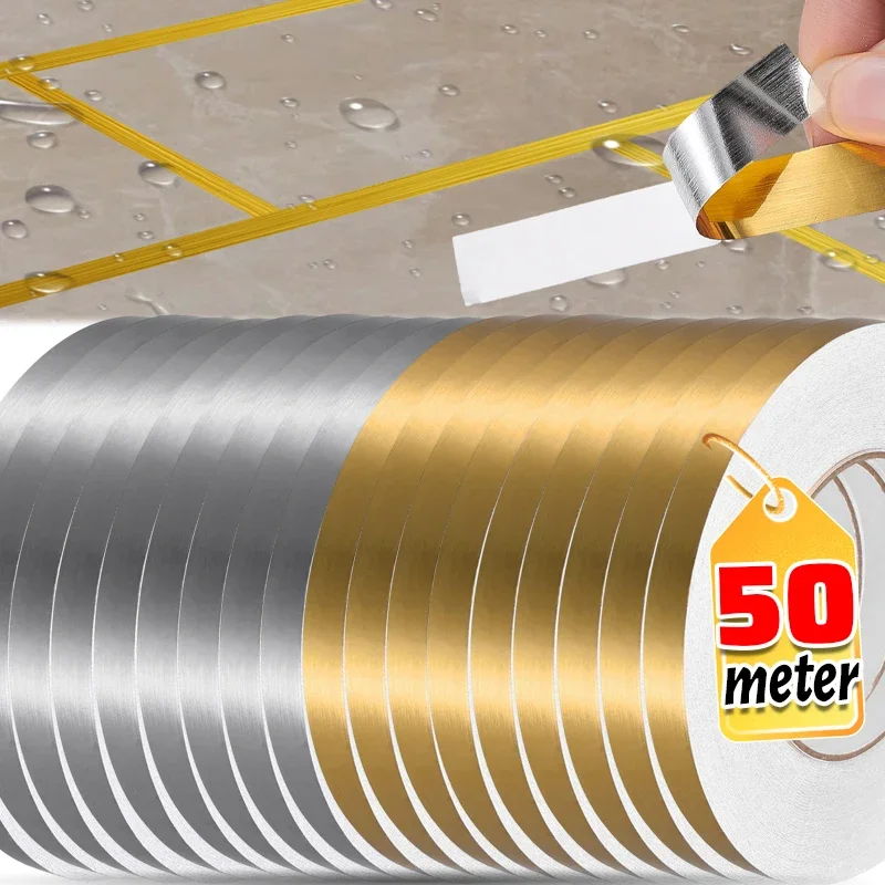 50M Self-Adhesive Tile Stickers Tape Floor Waterproof Wall Gap Sealing Strip Gold Silver Tile Beauty Seam Sticker Home Decor