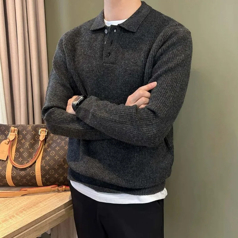 Men Lapel Collar Single Button Rib Cuff Long Sleeve Solid Knit Polo Sweater