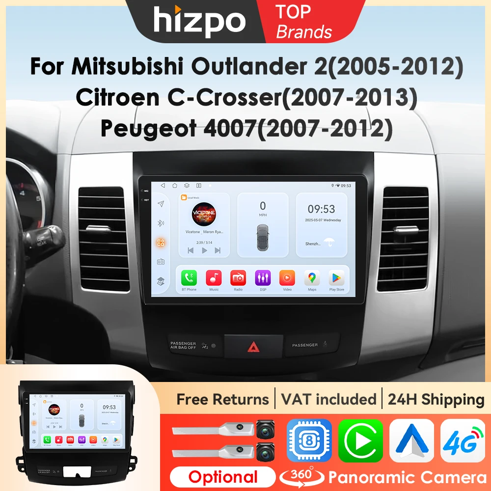 Hizpo 9 Zoll Multimedia für Citroen C-Crosser Peugeot 4007 Mitsubishi Outlander 2 2005 - 2012 Kabelloses Carplay Android Autoradio GPS-Navigation