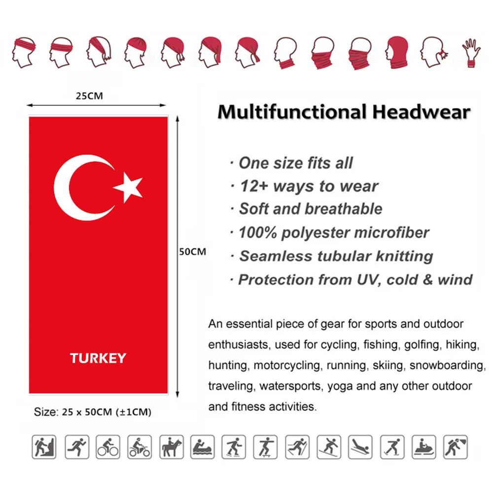 Turkey Flag Bandana Neck Cover Gaiter Outdoor Sports Balaclava Men Women Printed Cycling Tube Face Scarf Mask Hiking Headband