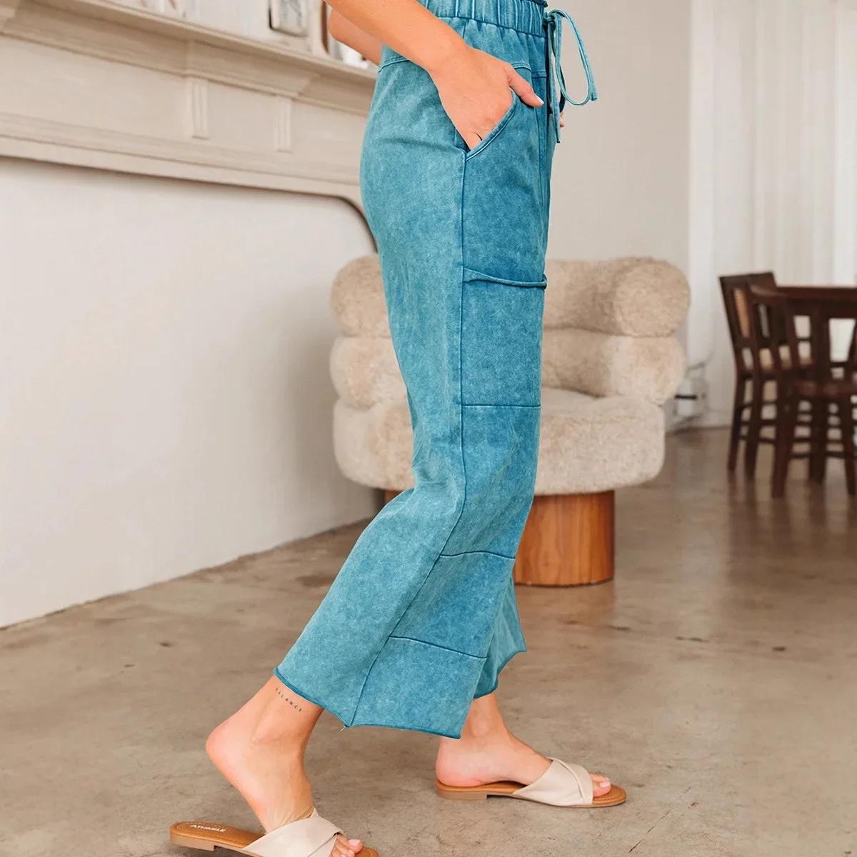 Pantalones Casuales de Cintura Alta con Cordón y Bolsillos Grandes para Mujer, Otoño 2026, Nuevo Color Sólido, Pantalones Largos de Pierna Ancha para Mujer