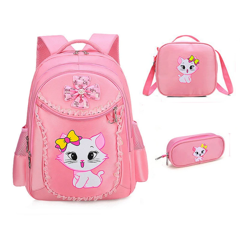 3PCS Kid Backpack For Girls Cartoon Cat Bowknot Children Lovely Bookbag with Lunch Box Schoolbag Gift Girl Backpack Waterproof