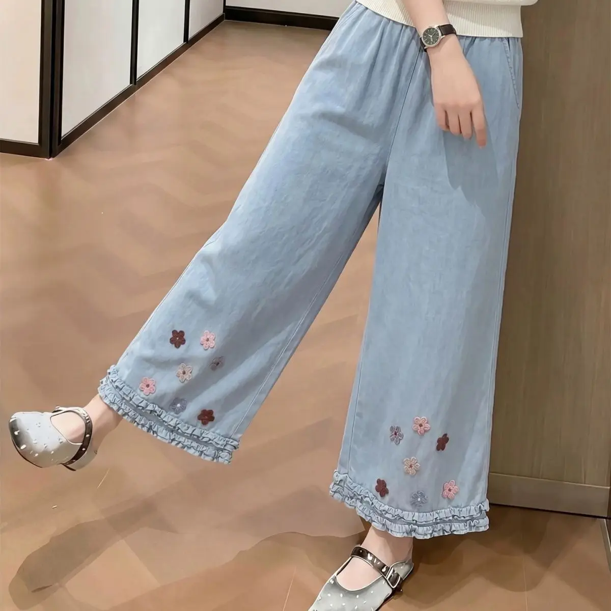 Girls 2026 Summer New Black Fungal Edge Flower Girl Forest Style Hook Flower Sweet Wide Leg Pants Thin Nine Cent Pants
