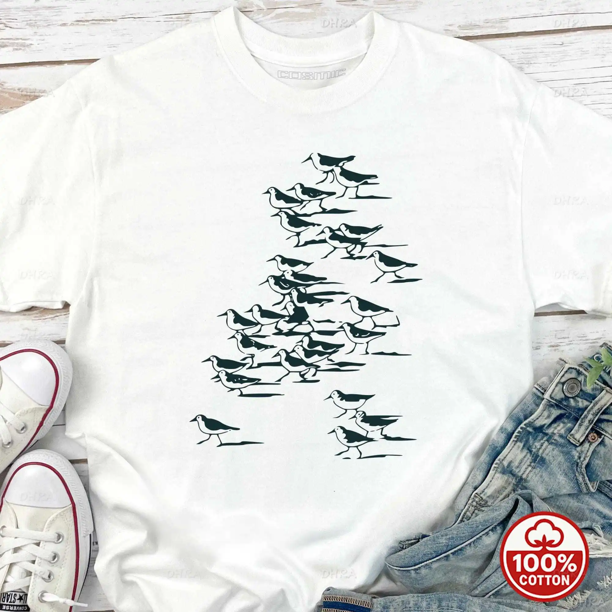 Abstract Avian Flock Graphic Tee Minimalist Line Art T-Shirt Modern Aesthetic Streetwear Top For Unisex