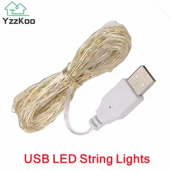 YzzKoo-USB LED String Lights para decoração de Natal, cobre prata fio, guirlanda luz, impermeável fada luz, festa de casamento