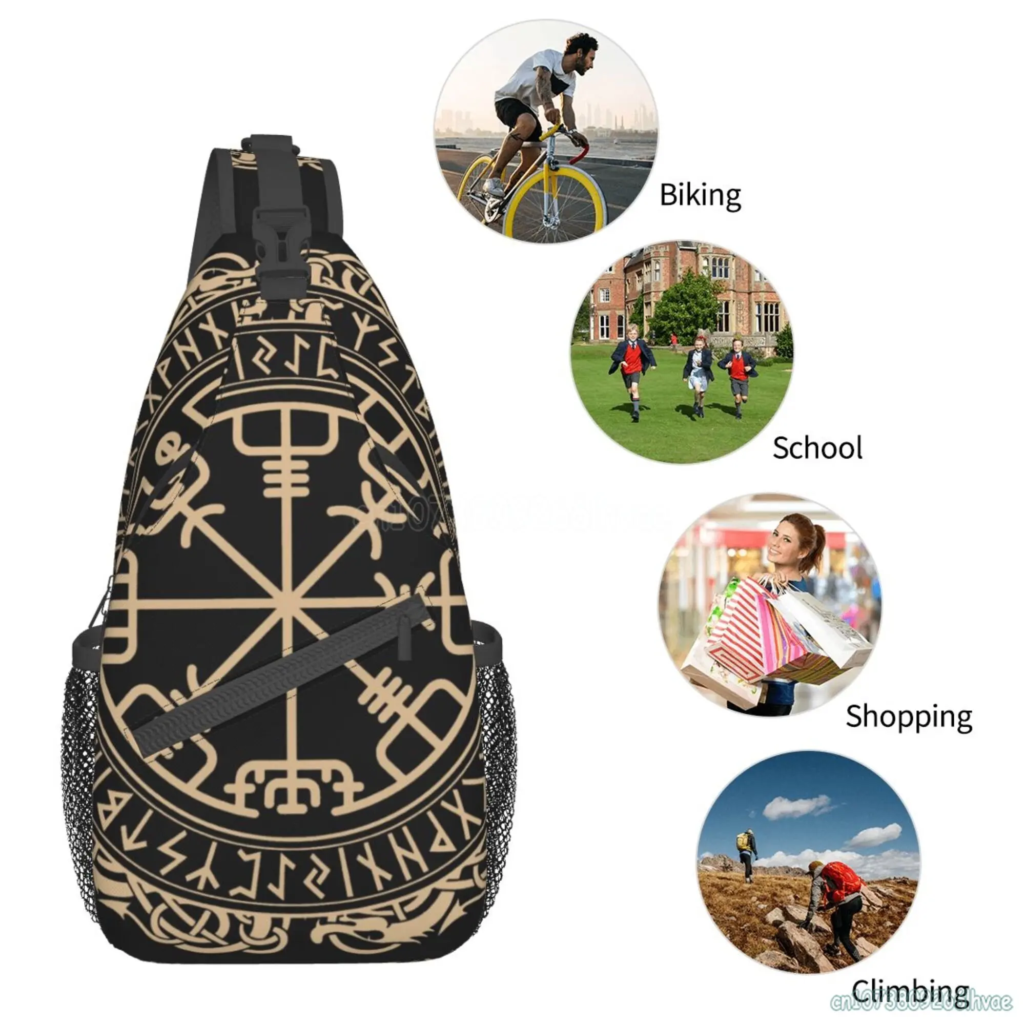 Black Celtic Viking Design Unisex Crossbody Backpack Small Sling Bag One Shoulder Chest Bags Gym Sport Travel Hiking Daypack