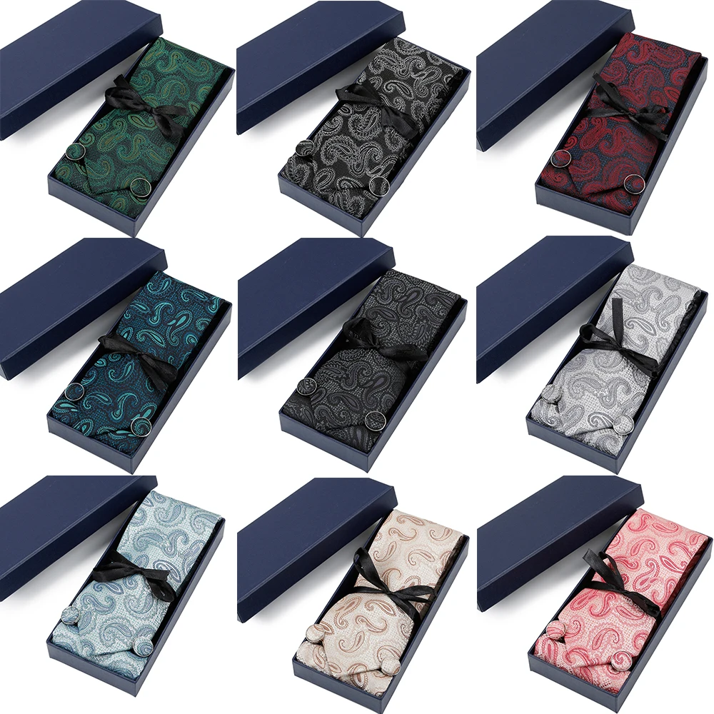 

Fashion Men's Necktie Gifts Box Elegant Paisley Floral Dot Tie Handchief Cufflink 3Piece Business Wedding Party Suit Accessories