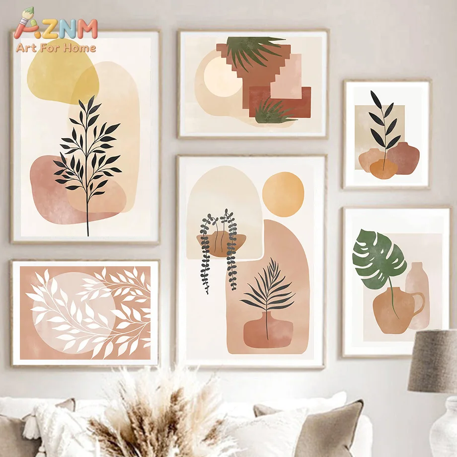 AZNm Boho Abstract Botanical Canvas Wall Art, Frameless Neutral Tone Monstera Leaf Vase Geometric Print for Living Room Bedroom